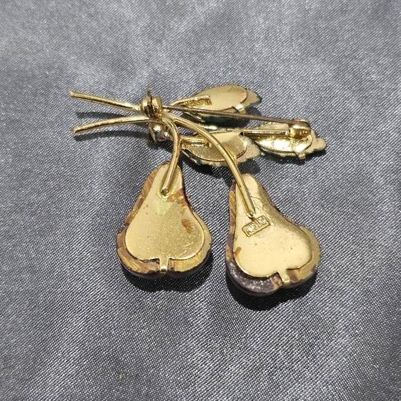 Austrian Collector's Art Glass Floral Pear Pin/Brooch w Crystals in Gold 1940s - Picture 6 of 11